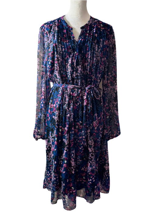 PREOWNED! MSK Long Sleeve Floral Fit + Flare Dresses 16 Blk Blue Lavender