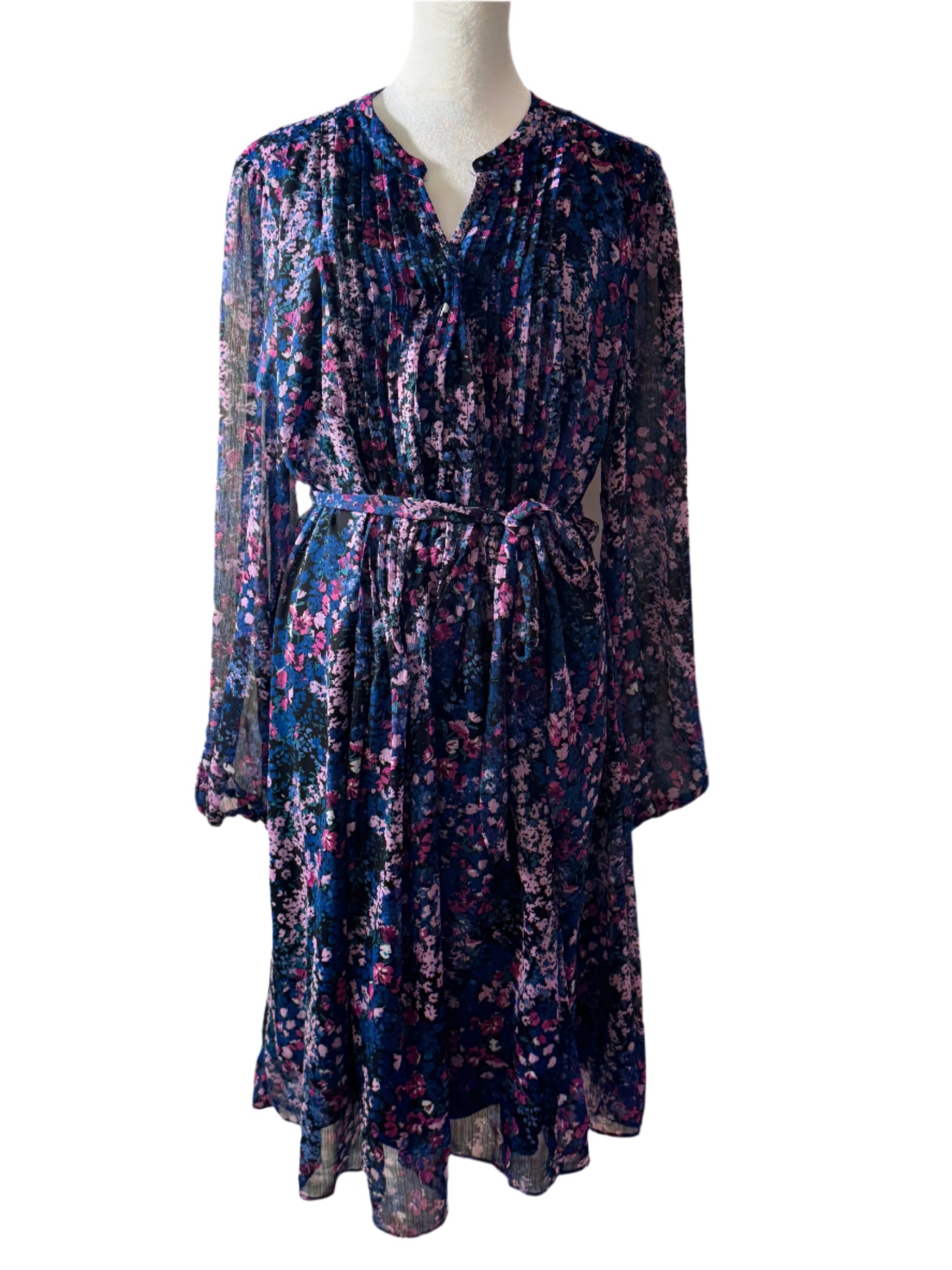 PREOWNED!! MSK Long Sleeve Floral Fit + Flare Dresses 16|Blk Blue Lavender