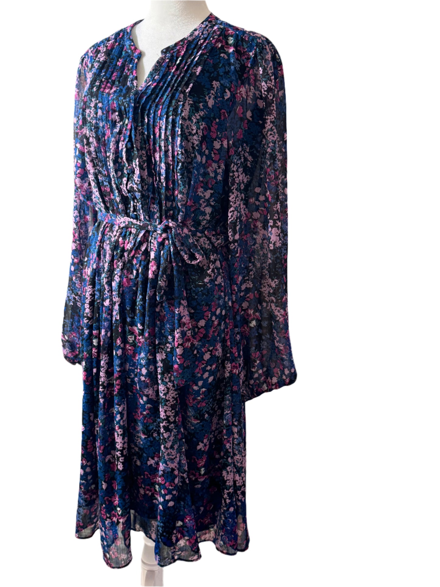 PREOWNED!! MSK Long Sleeve Floral Fit + Flare Dresses 16|Blk Blue Lavender